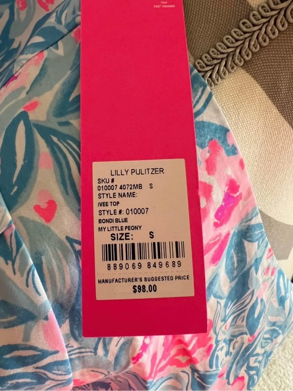 Lilly Pulitzer Pink & Blue Floral V-Neck Puff Sleeve Blouse